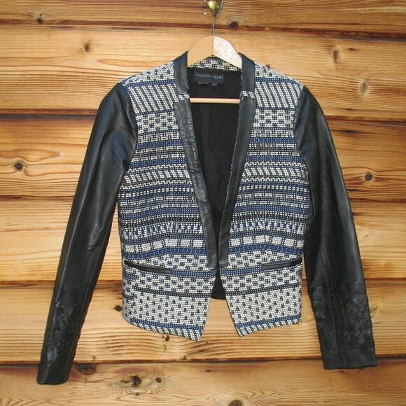 Sachin + Babi Black Leather Tweed Cropped Jacket - Picture 1 of 8